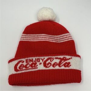 Vintage 80s 90s Enjoy Coca Cola beanie unisex red white pom knit winter hat EUC